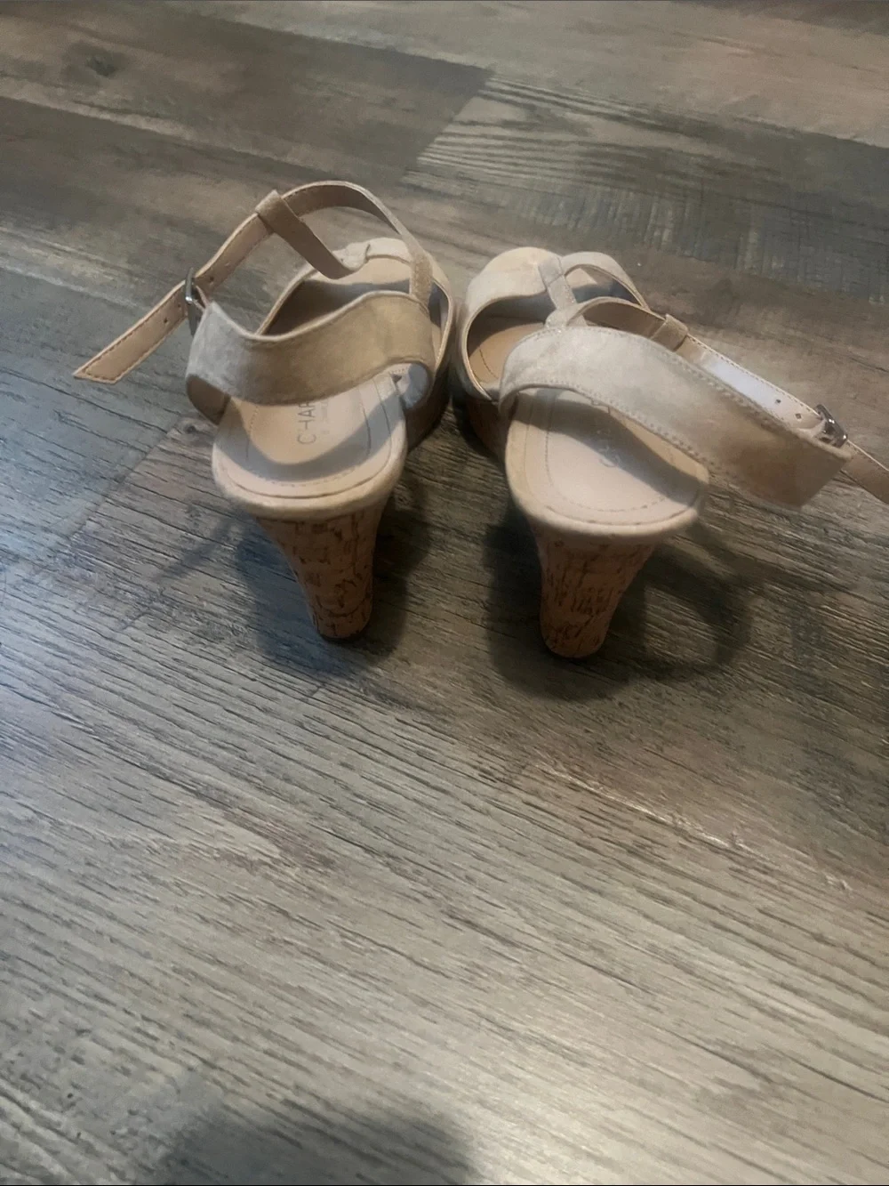 Charles By Charles David Neutral Beige Suede T-Strap Wedges